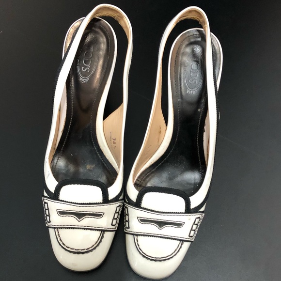 Tod's Shoes - Tods loafer slingback heel, white & blk, 7.5